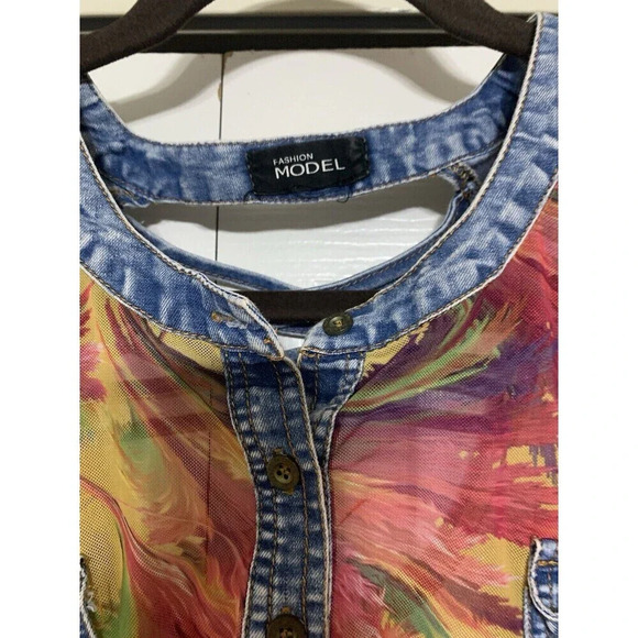 Vintage Y2K Fashion Model Semi Sheer Denim Accents Top Retro See Measurements - Picture 5 of 9